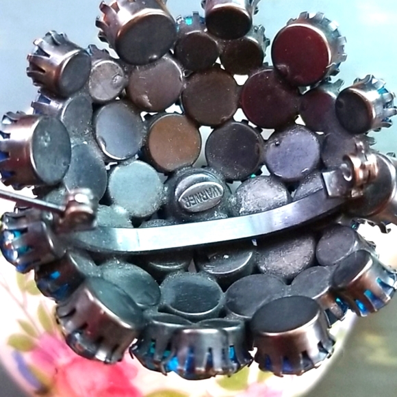 50's MCM WARNER Domed Sapphire Cobalt Blue Crystal Glitzy Vintage Brooch Pin 2" - Picture 10 of 15